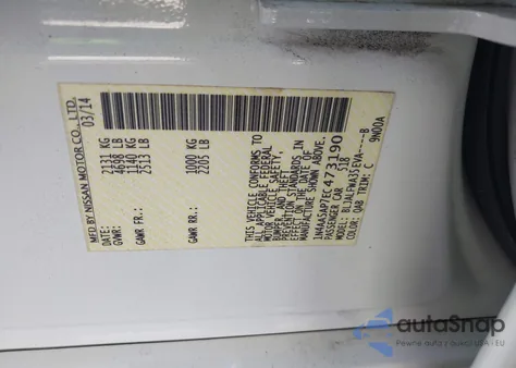 2014 Nissan Maxima 3.5 Sv z USA, uszkodzony, nr VIN 1N4AA5AP7EC473190